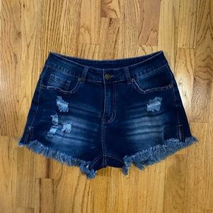 Distressed dark wash denim shorts
